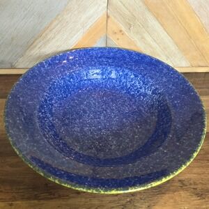 OVER AND BACK Pasta Bowl Sojourn Blue & White Sponge Yellow Edge 13.75"
